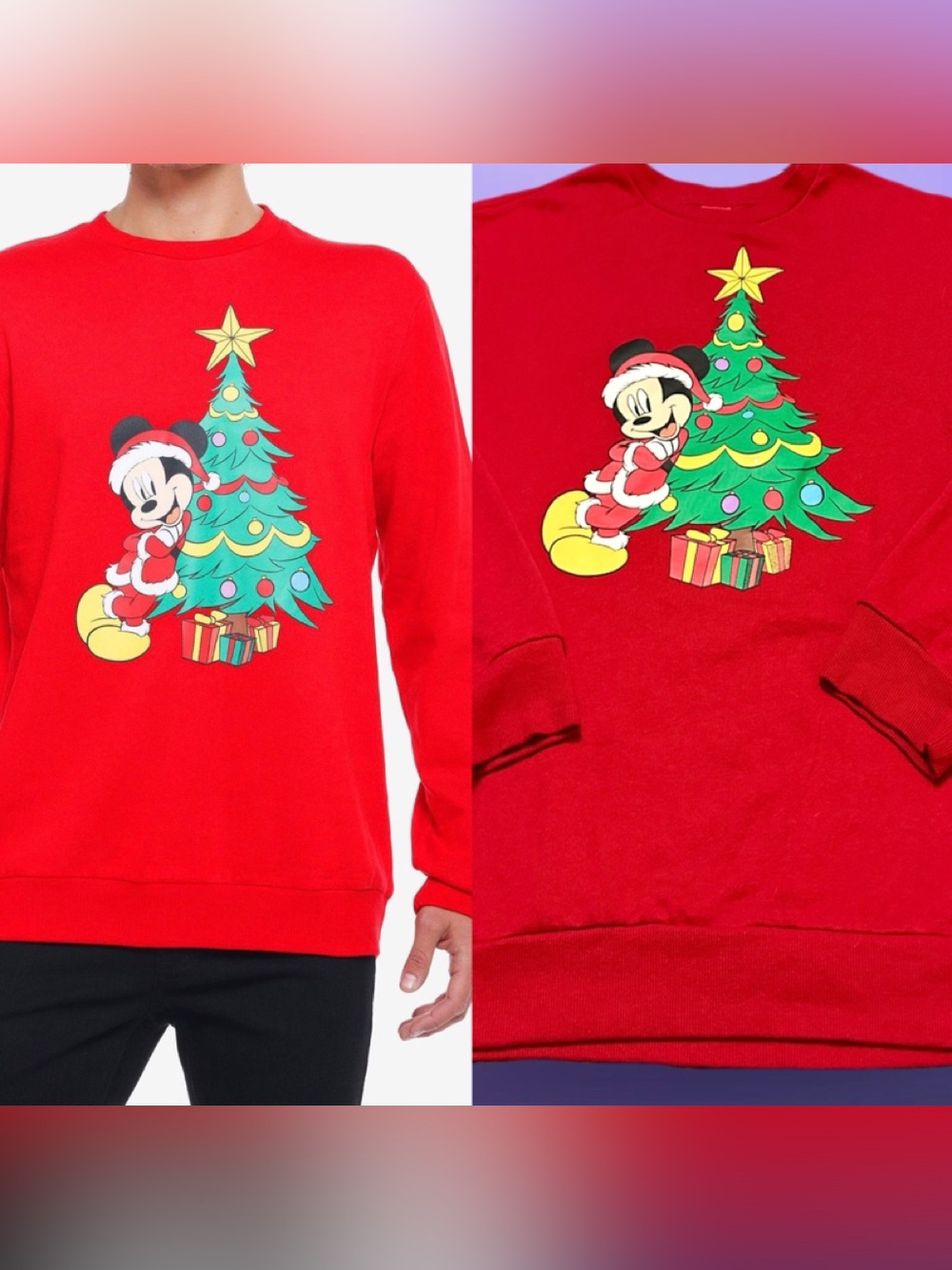 Disney Red Mickey Mouse Christmas Tree Crewneck Sweater L